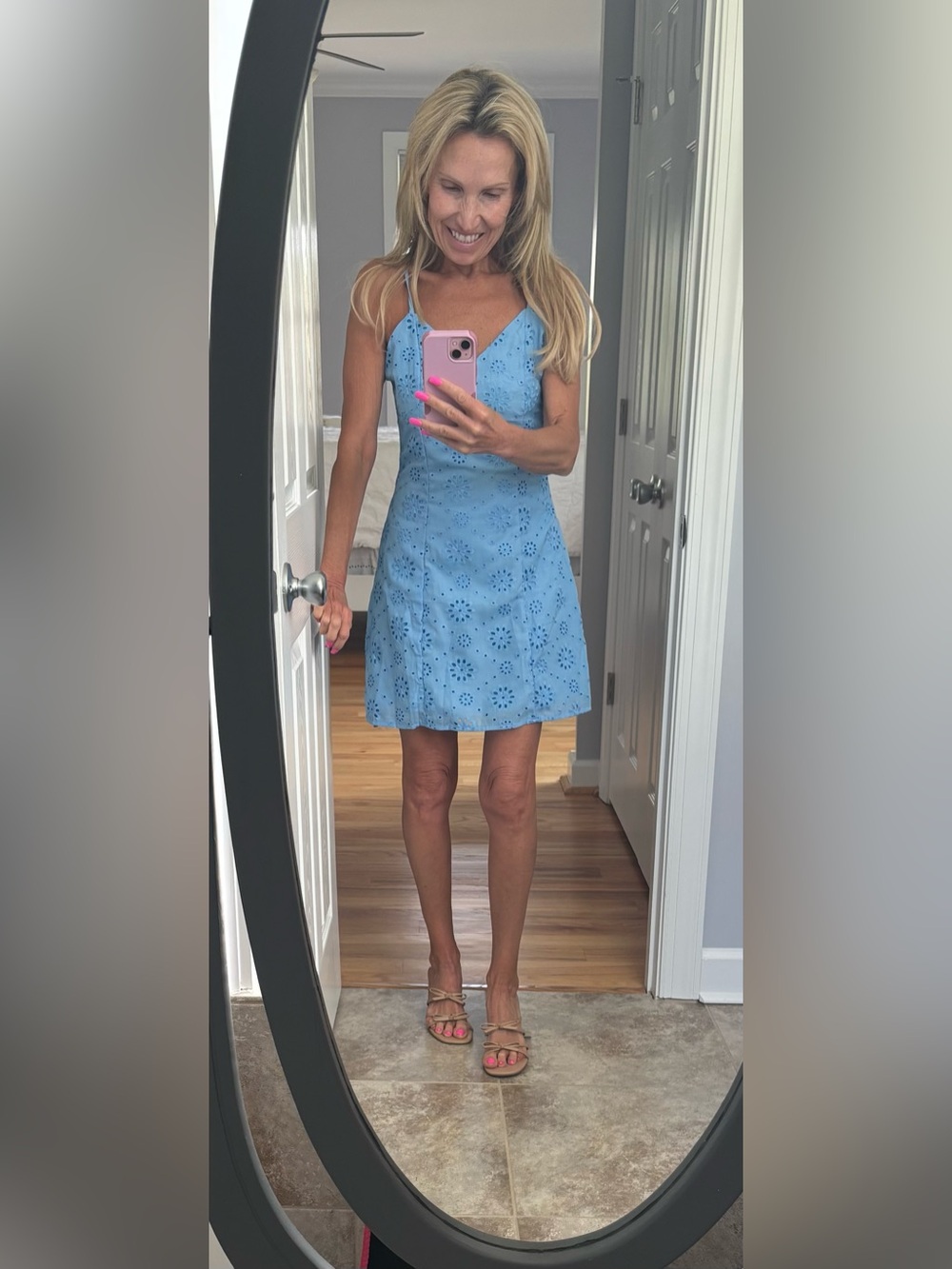 Light Blue Eyelet Spaghetti-Strap Mini Dress